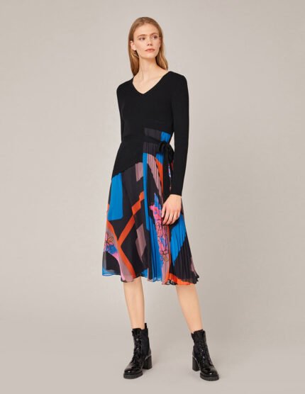 MARYLING V-NECK KNIT SPLICED GEORGETTE PRINT DRESS